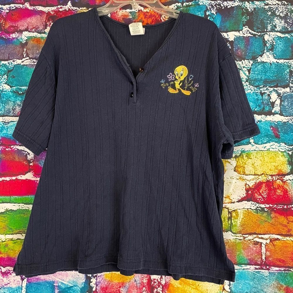 Vintage Looney Tunes Short Sleeve Henley Tee Shirt Tweety Bird 14W/16W